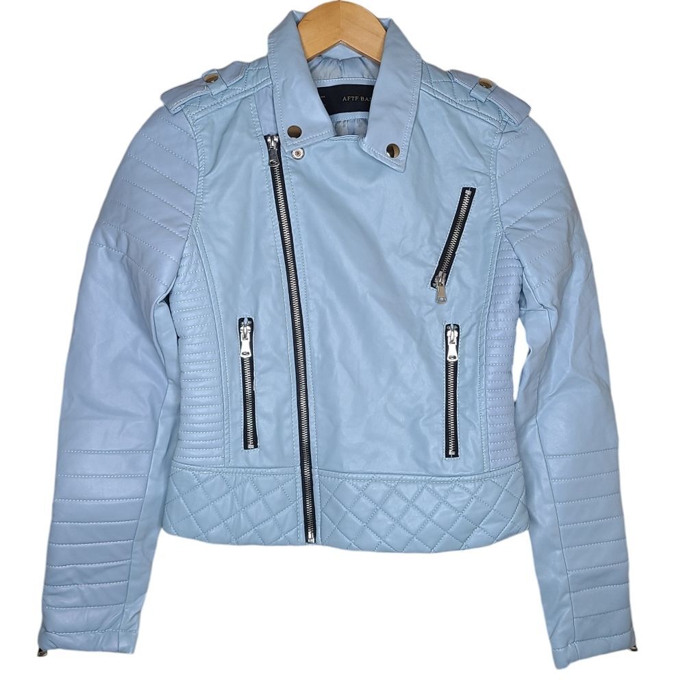 AFTF Basic Baby Blue Faux Leather Zip-Up Jacket Women's Size Small Faux Pockets